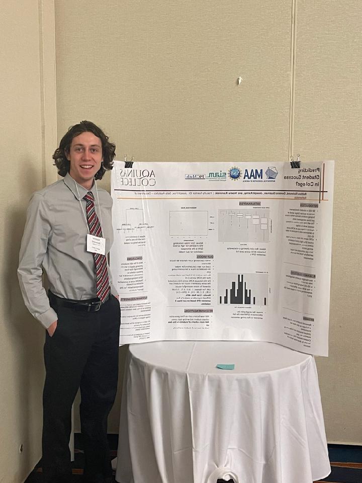 Student, Matt Richmond stands beside a poster board with his research printed on it. He's wearing a dress shirt and tie, smiling.